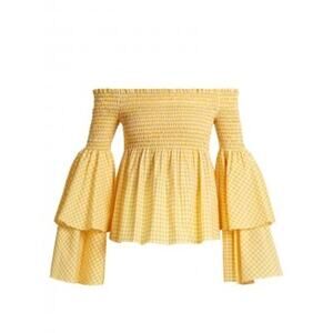 NWT Caroline Constas Appolonia Top Yellow Sz M Gingham Plaid Flare Ruffle Sleeve